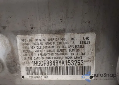 2000 Honda Accord 2.3 Dx from USA, damaged, VIN 1HGCF8648YA153253